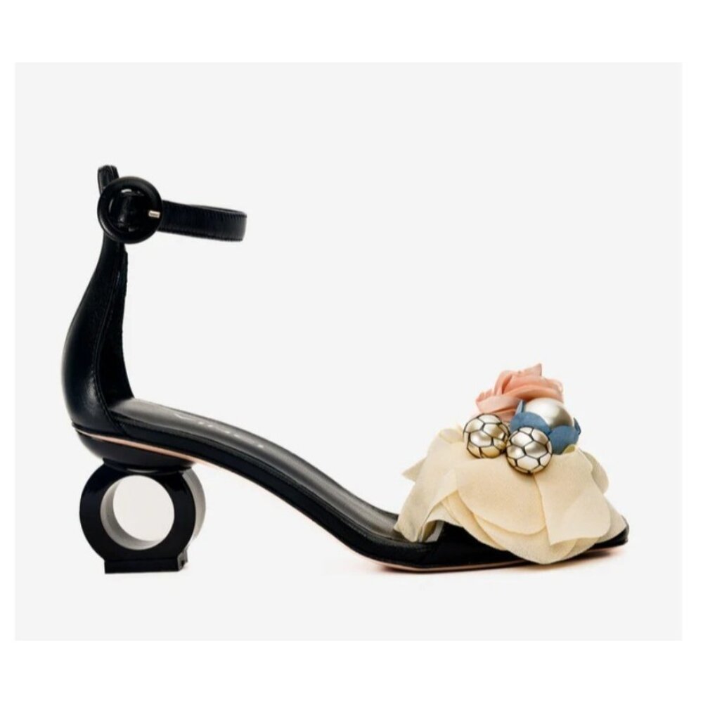 VINCI Black Leather Floral Embellished Ankle Strap Loop Heel Sandal Size 35 Turk